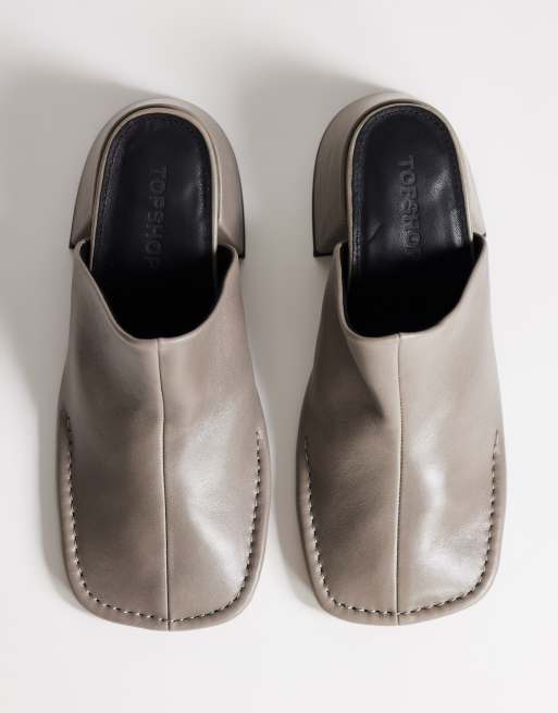 Topshop Alberto real leather wide block heel mules in grey, 3 of 4