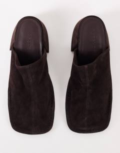 Model wearing Alberto real suede wide block heel mule in chocolate