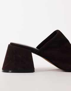 Model wearing Alberto real suede wide block heel mule in chocolate