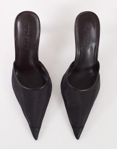 Model wearing Alessio angular heel pointed court shoe in chocolate mesh