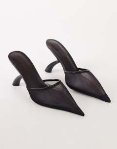 Model wearing Alessio angular heel pointed court shoe in chocolate mesh