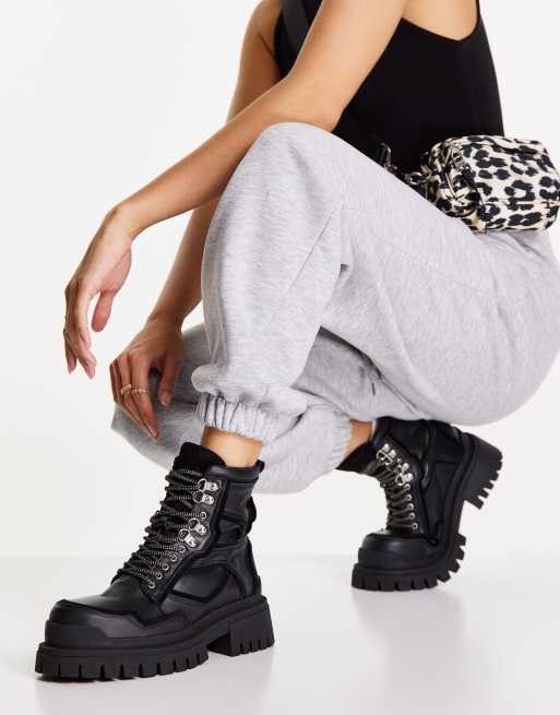 austin black leather chunky lace up boots