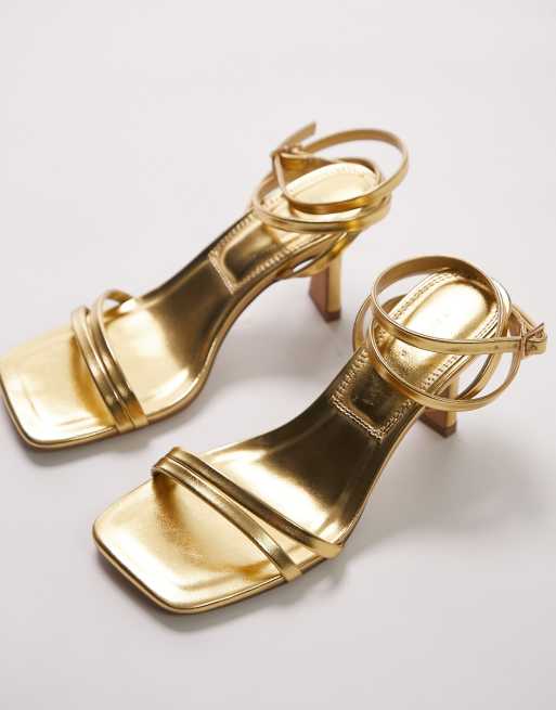 Topshop Alex mid heel sandal with ankle tie in gold ASOS