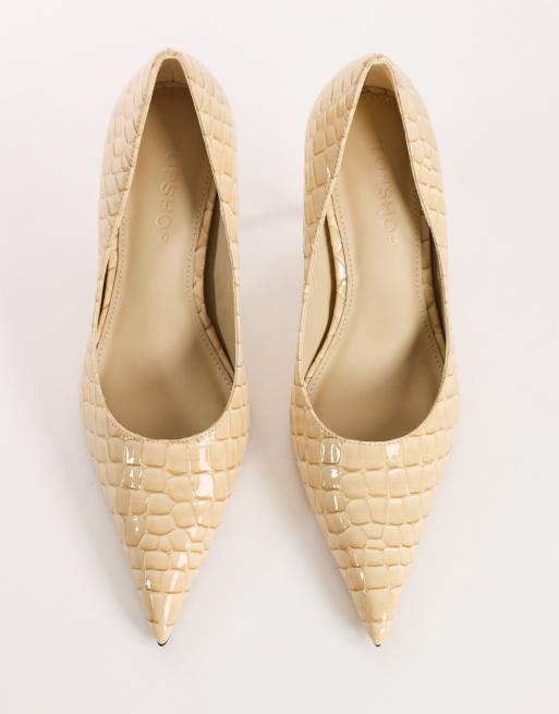 Topshop Alexander high heel court shoe in off white croc, 3 of 4