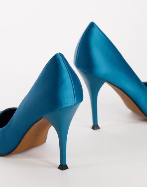 Topshop Alexander high heel court shoe in teal satin, 4 of 4