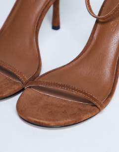 Model wearing Alexi real suede 2 part heeled sandal in camel
