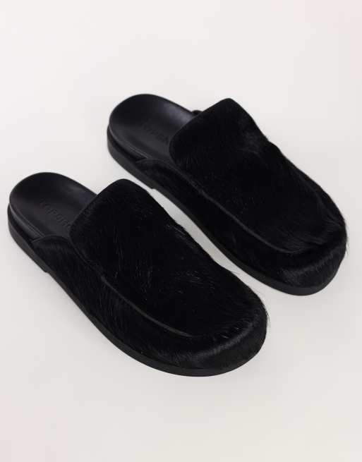 Topshop Alexia loafer-mule i ægte læder med lang pels i sort, 2 af 4