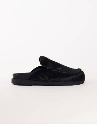 Topshop Alexia Long Hair On Real Leather Loafer Mule In Black