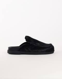 Alexia long hair on real leather loafer mule in black