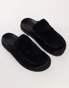 Model wearing Alexia long hair on real leather loafer mule in black