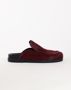 Alexia long hair on real leather loafer mule in merlot