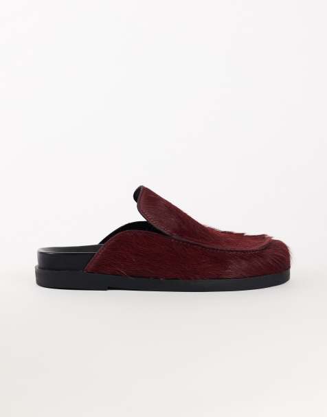 Topshop Alexia long hair on real leather loafer mules in merlot - view 1