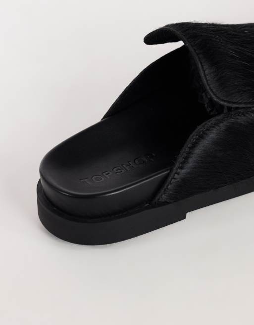 Topshop Alexia mocassino mule in vera pelle con pelo lungo nero, 3 di 4