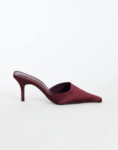 Model wearing Alfie pointed heeled court in aubergine satin
