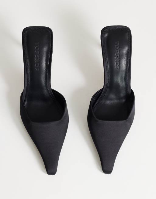 Topshop Alfie pointed heeled court in black satin, 3 of 4
