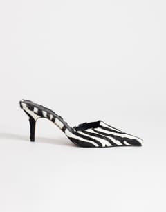 Alfie pointed mid heeled court in zebra print hair on real leather