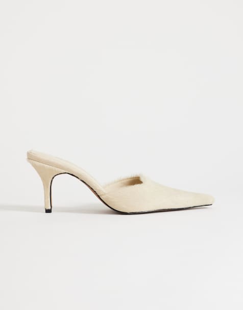 Topshop – Alfie – Spitze Mule-Pumps aus Leder in Wollweiß mit echtem Fell-Finish und mittelhohem Absatz - view 1