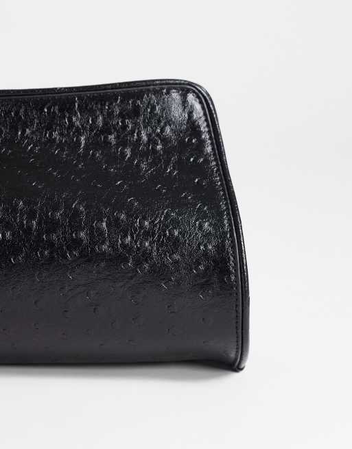 Topshop Alice medium clutch bag in black ostrich, 3 of 4