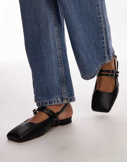 Topshop – Alicia – Czarne balerinki z paskiem za piętą i zapięciem na klamry