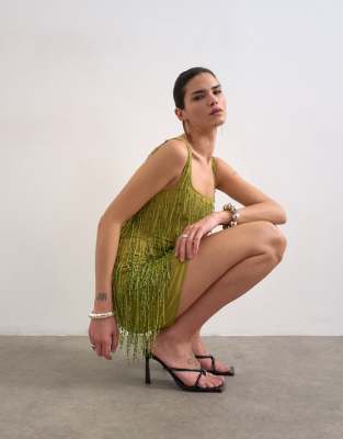 Topshop All Over Embellished Fringe Mini Dress In Green
