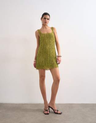 asos green fringe dress ASOS EDITION pearl and fringe halter mini dress in apple green