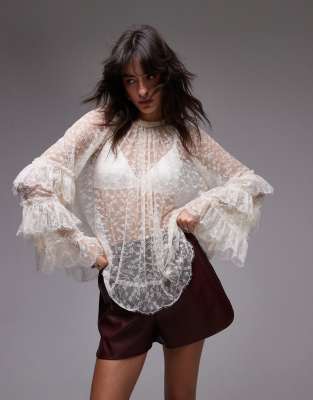 Topshop all over lace top in ivory-White