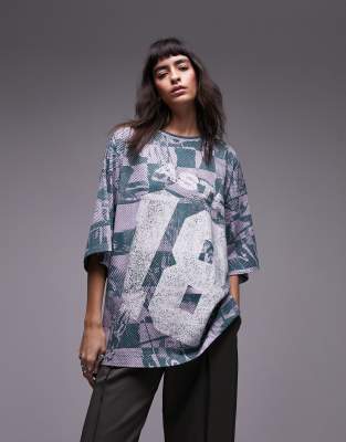 Topshop All Over Print Sporty Oversized Tee In Multi