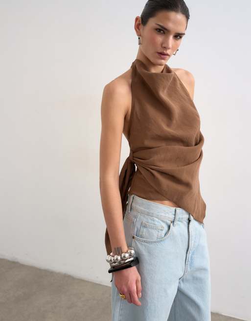 Topshop allacciato al collo in cupro super morbido color cioccolato
