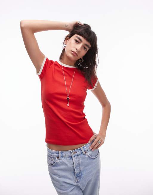 Topshop – Alltags-T-Shirt in Rot mit farblich abgesetztem Ausschnitt 