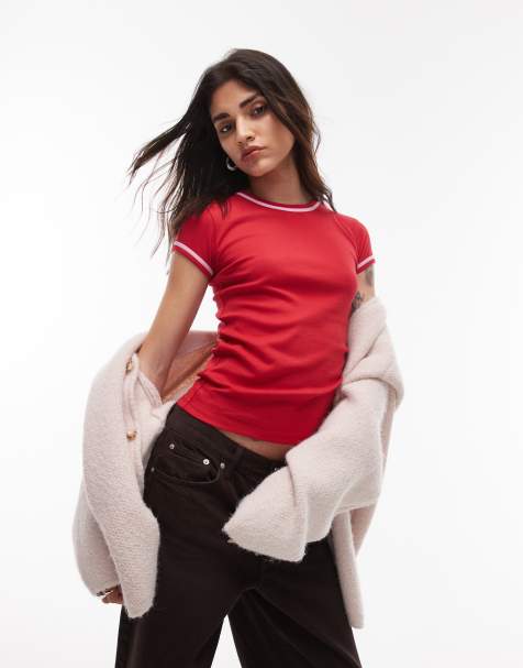 Topshop – Alltags-T-Shirt in Rot mit Kontrastdetails - view 1