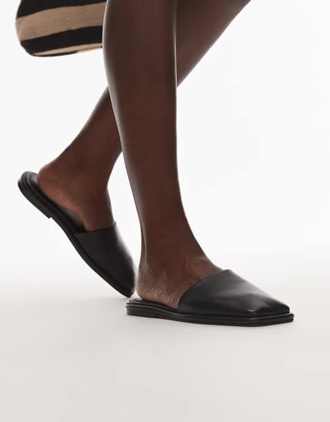 Topshop Almina leather square toe mules in black - view 1