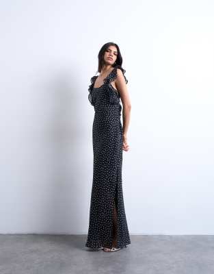 Topshop - Amalfi - Trägerkleid mit Rüschen-Schultern und Punktemuster auf schwarzem Grund