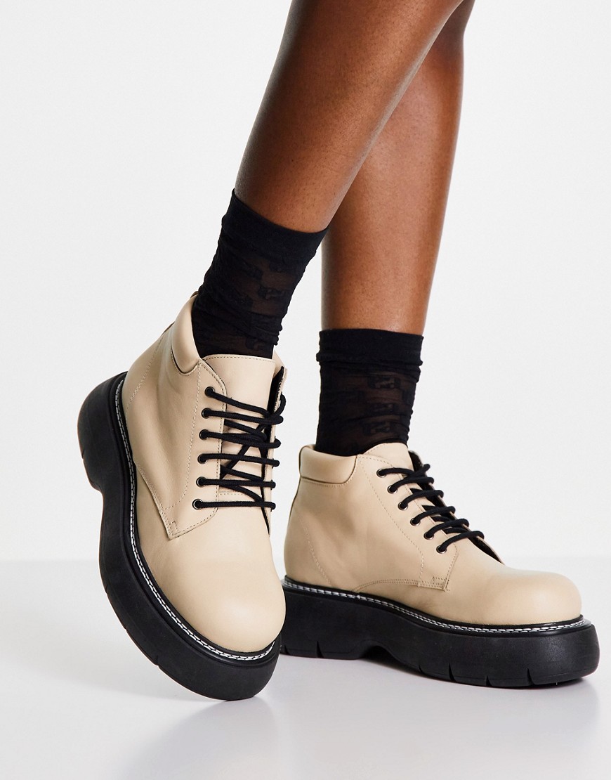 Topshop Amber leather chunky lace up low boots in camel-Neutral