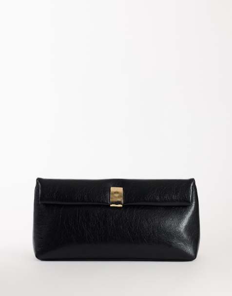 Topshop Amber oversized fold over clutch bag with gold hardware in black - view 1