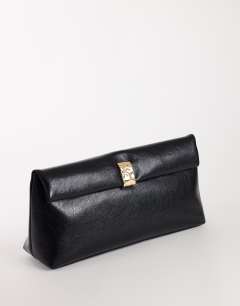 Amber oversized fold over clutch bag with gold hardware in black