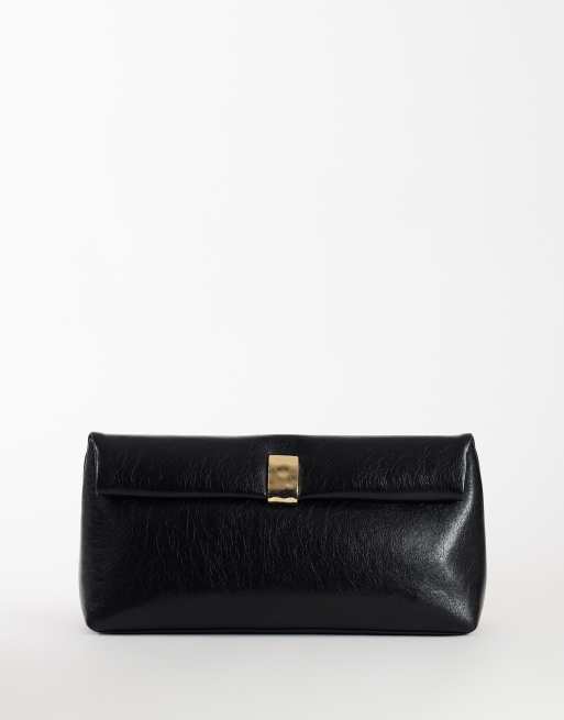 Topshop Amber oversized foldover-clutch med guldfarvet hardware i sort, 1 af 4