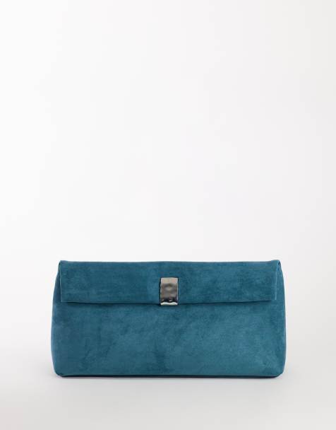 Topshop Amber oversized suedette fold over clutch bag with hardware in teal - view 1