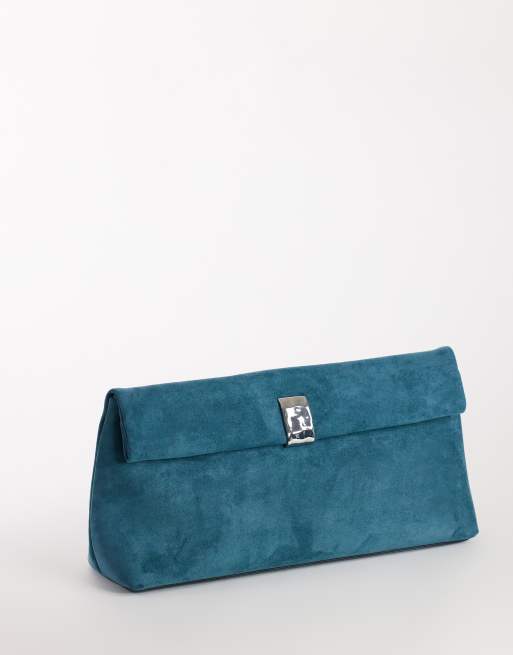 Topshop Amber oversized suedette fold over clutch bag with hardware in teal, 2 of 4
