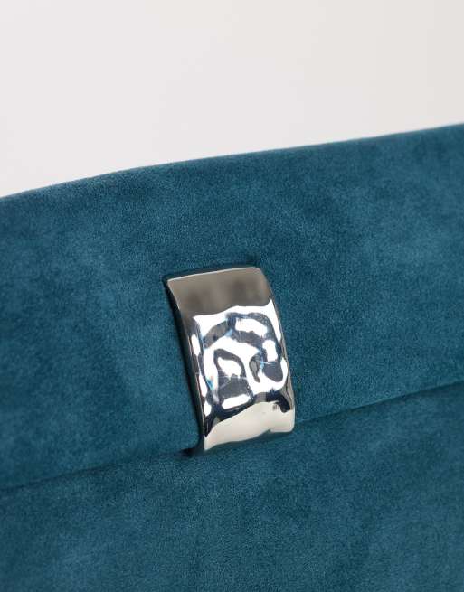 Topshop Amber oversized suedette fold over clutch bag with hardware in teal, 3 of 4