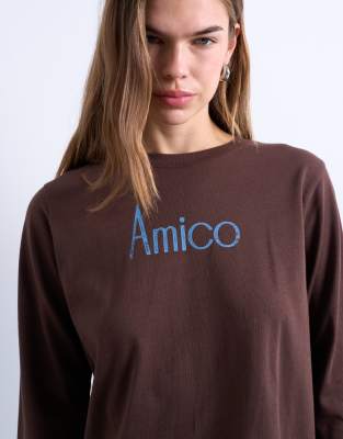 Topshop Amico Graphic Boxy Long Sleeve Tee In Brown