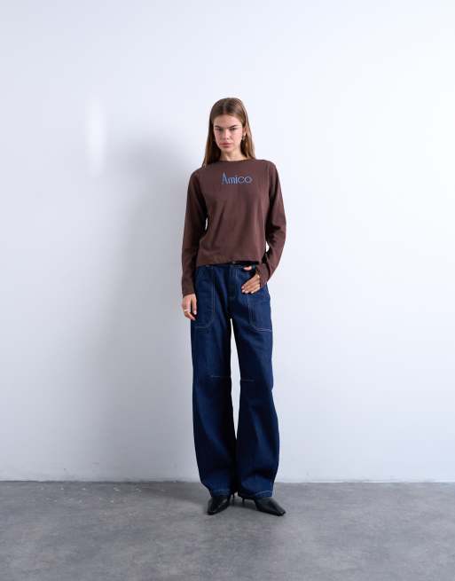 Topshop Amico graphic boxy long sleeve tee in brown, 3 of 4