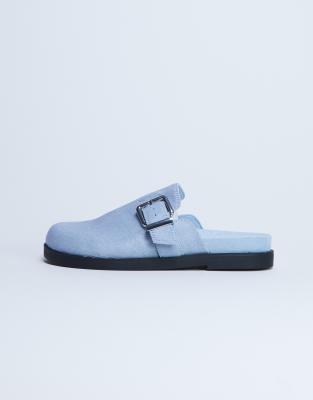  Amy slip on mule with buckle in light blue hair on real leather 