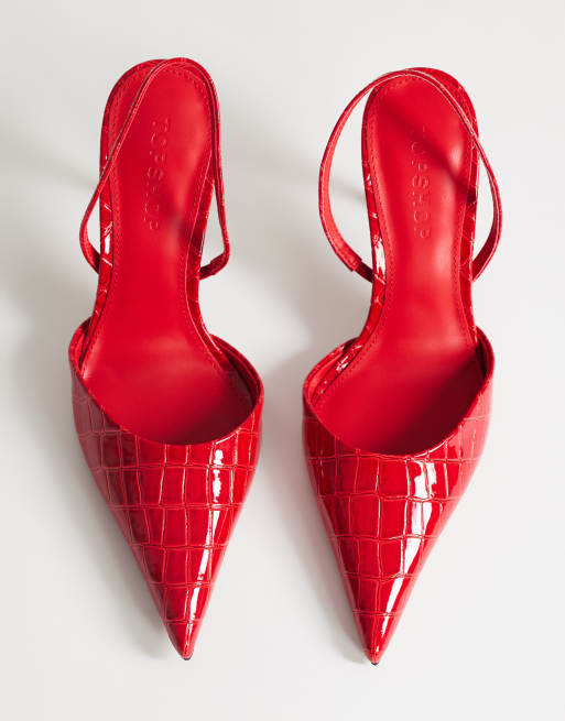 Topshop – Angel – Pumps in Kroko-Rot mit Lackoptik und hohem Absatz, 3 von 4