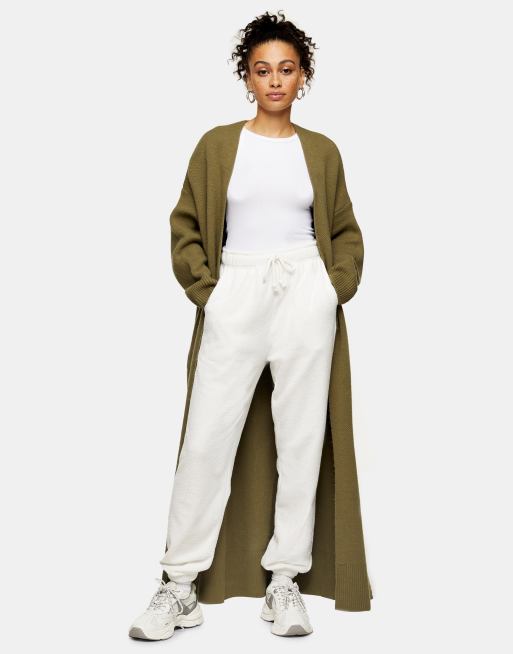 Topshop – Angeraute Maxi-Strickjacke in Olivgrün