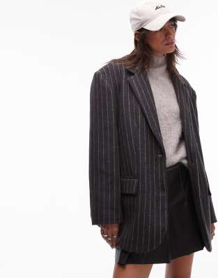 Topshop - Angerauter Blazer-Mantel in anthrazitfarbener Wolloptik mit Nadelstreifen-Grau