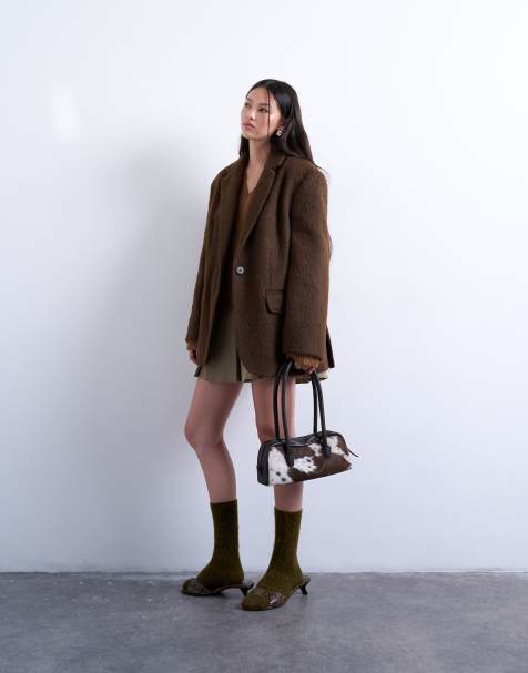 Topshop – Angerauter, langer Blazer-Mantel in Schokobraun mit Wollanteil und einem Knopf - view 1