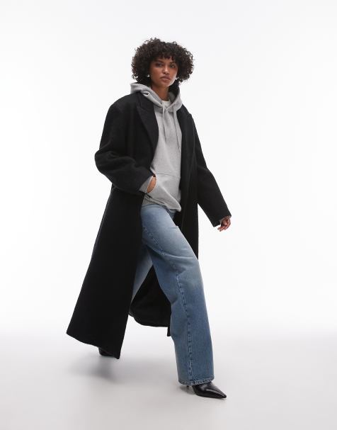 Topshop – Angerauter Mantel in Schwarz mit Druckknöpfen - view 1