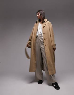 Topshop - Angerauter Trenchcoat in Honigbeige mit langem Schnitt und Bindegürtel-Weiß