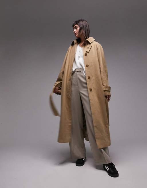 Topshop – Angerauter Trenchcoat in Honigbeige mit langem Schnitt und Bindegürtel