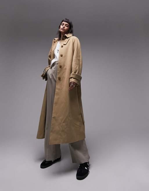 Topshop – Angerauter Trenchcoat in Honigbeige mit langem Schnitt und Bindegürtel, 3 von 4